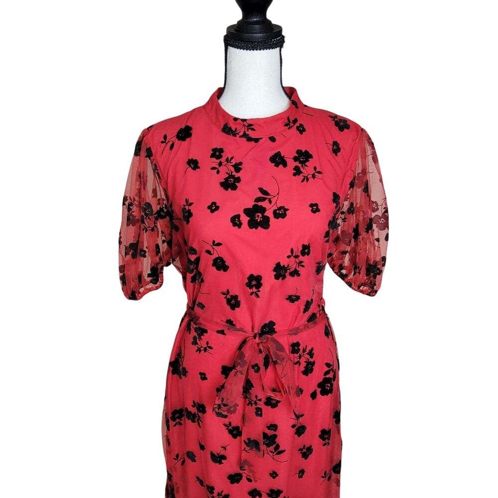 SHEIN Red and black Floral Dress Puff Sleeve Chiffon Boho Style XL - Picture 10 of 13